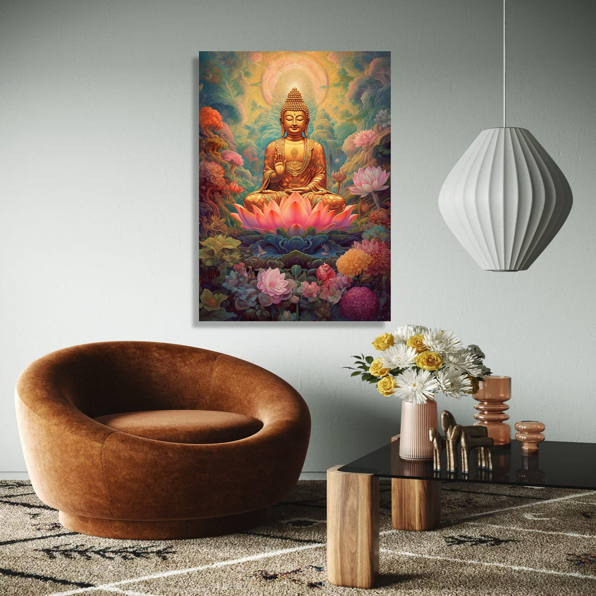 Golden Buddha Meditation Canvas, Lotus Flower Spiritual Wall Art, Peaceful Zen Decor, Asian Sacred Art Print, Gift Art, Home Decor, Print