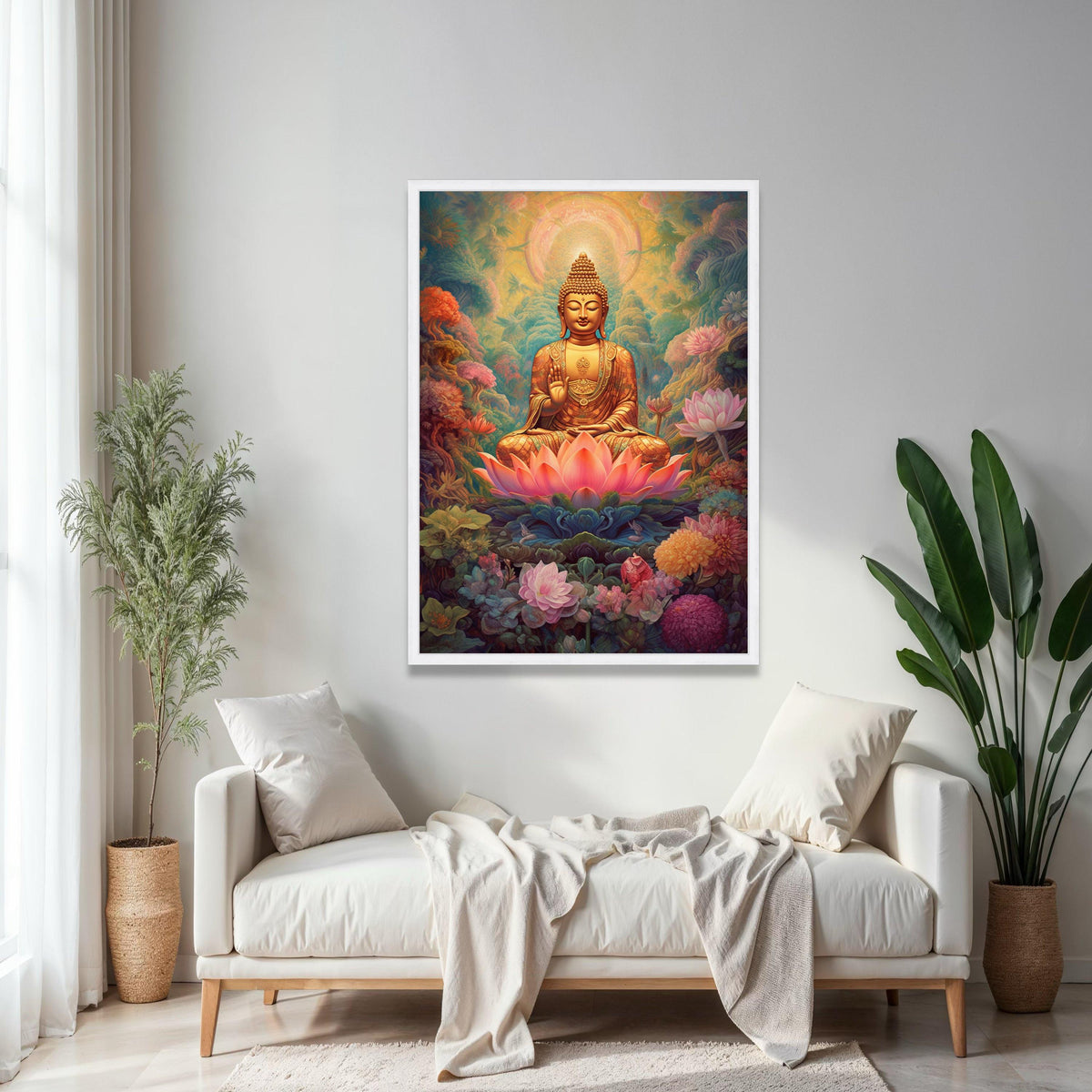 Golden Buddha Meditation Canvas, Lotus Flower Spiritual Wall Art, Peaceful Zen Decor, Asian Sacred Art Print, Gift Art, Home Decor, Print