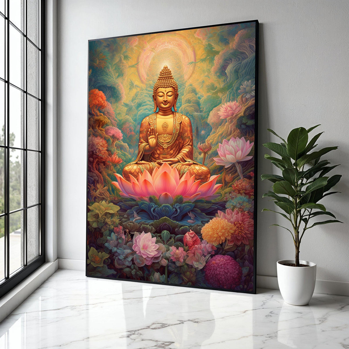 Golden Buddha Meditation Canvas, Lotus Flower Spiritual Wall Art, Peaceful Zen Decor, Asian Sacred Art Print, Gift Art, Home Decor, Print