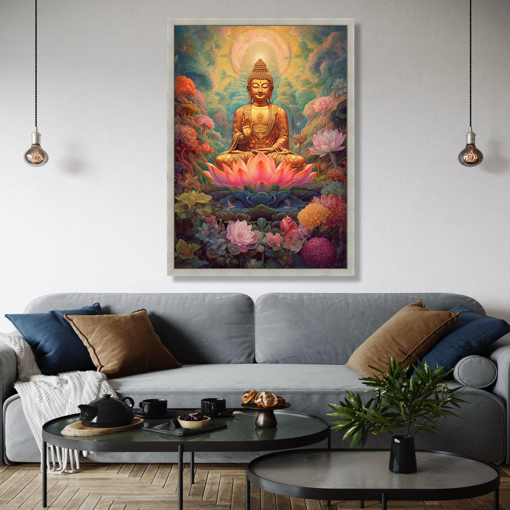 Golden Buddha Meditation Canvas, Lotus Flower Spiritual Wall Art, Peaceful Zen Decor, Asian Sacred Art Print, Gift Art, Home Decor, Print