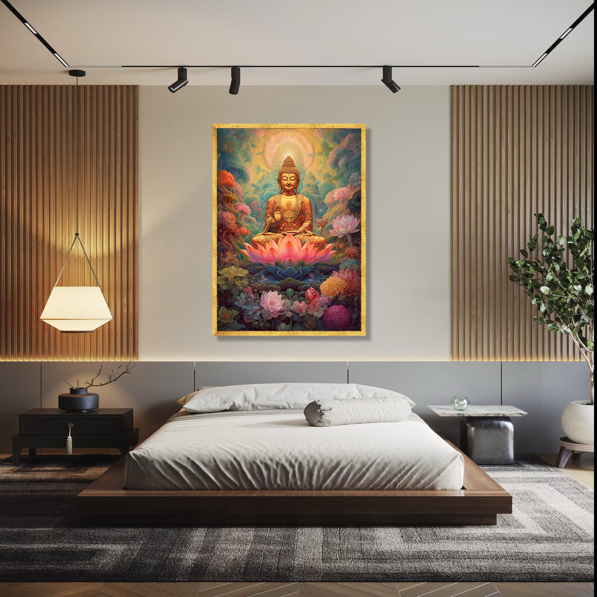 Golden Buddha Meditation Canvas, Lotus Flower Spiritual Wall Art, Peaceful Zen Decor, Asian Sacred Art Print, Gift Art, Home Decor, Print