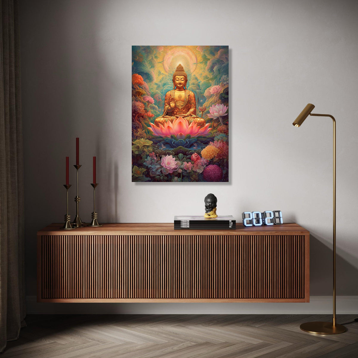 Golden Buddha Meditation Canvas, Lotus Flower Spiritual Wall Art, Peaceful Zen Decor, Asian Sacred Art Print, Gift Art, Home Decor, Print