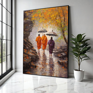 Monks Walking with Umbrellas Autumn Scene, Spiritual Canvas Wall Art, Meditation Pathway Painting, Tranquil Gift Art, Home Decor, Print
