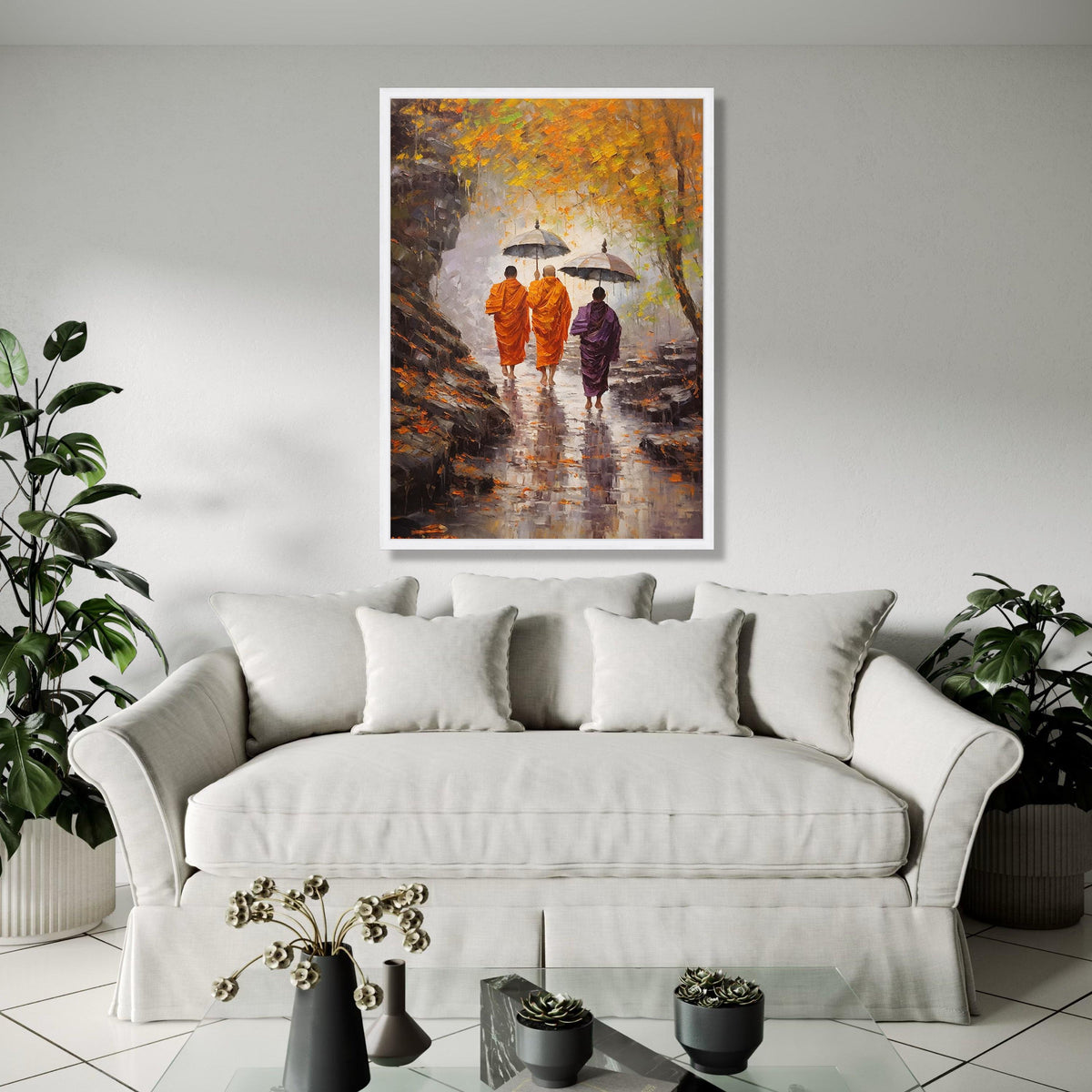 Monks Walking with Umbrellas Autumn Scene, Spiritual Canvas Wall Art, Meditation Pathway Painting, Tranquil Gift Art, Home Decor, Print