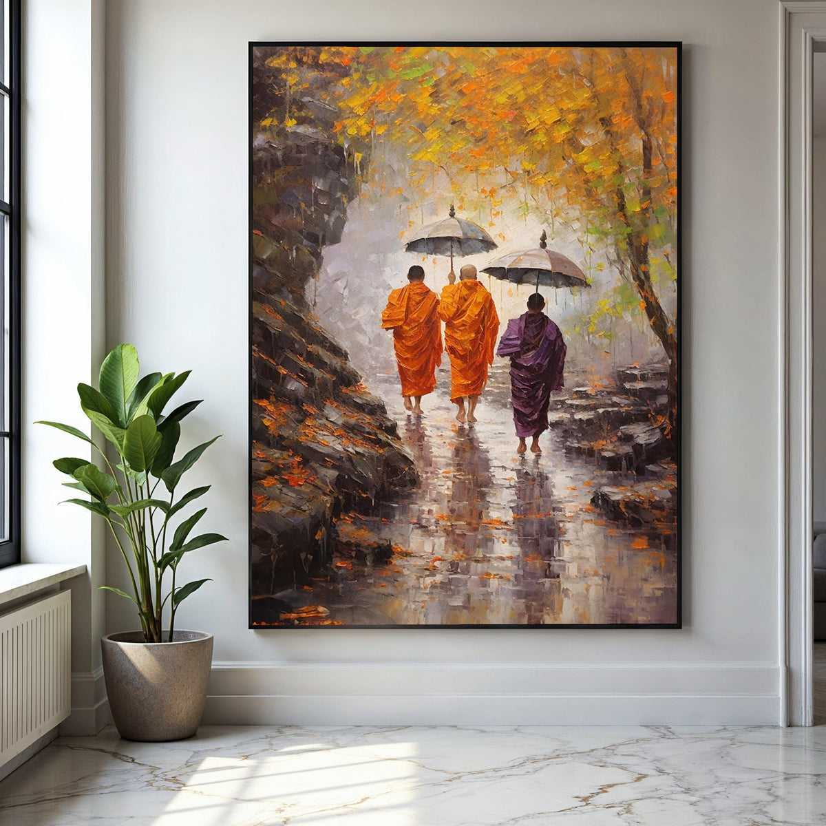 Monks Walking with Umbrellas Autumn Scene, Spiritual Canvas Wall Art, Meditation Pathway Painting, Tranquil Gift Art, Home Decor, Print