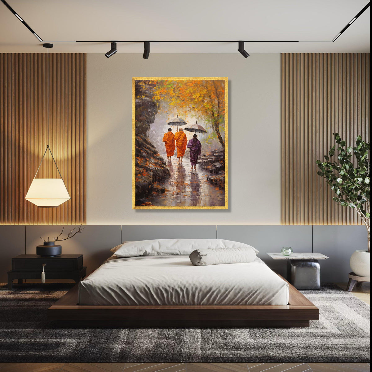Monks Walking with Umbrellas Autumn Scene, Spiritual Canvas Wall Art, Meditation Pathway Painting, Tranquil Gift Art, Home Decor, Print