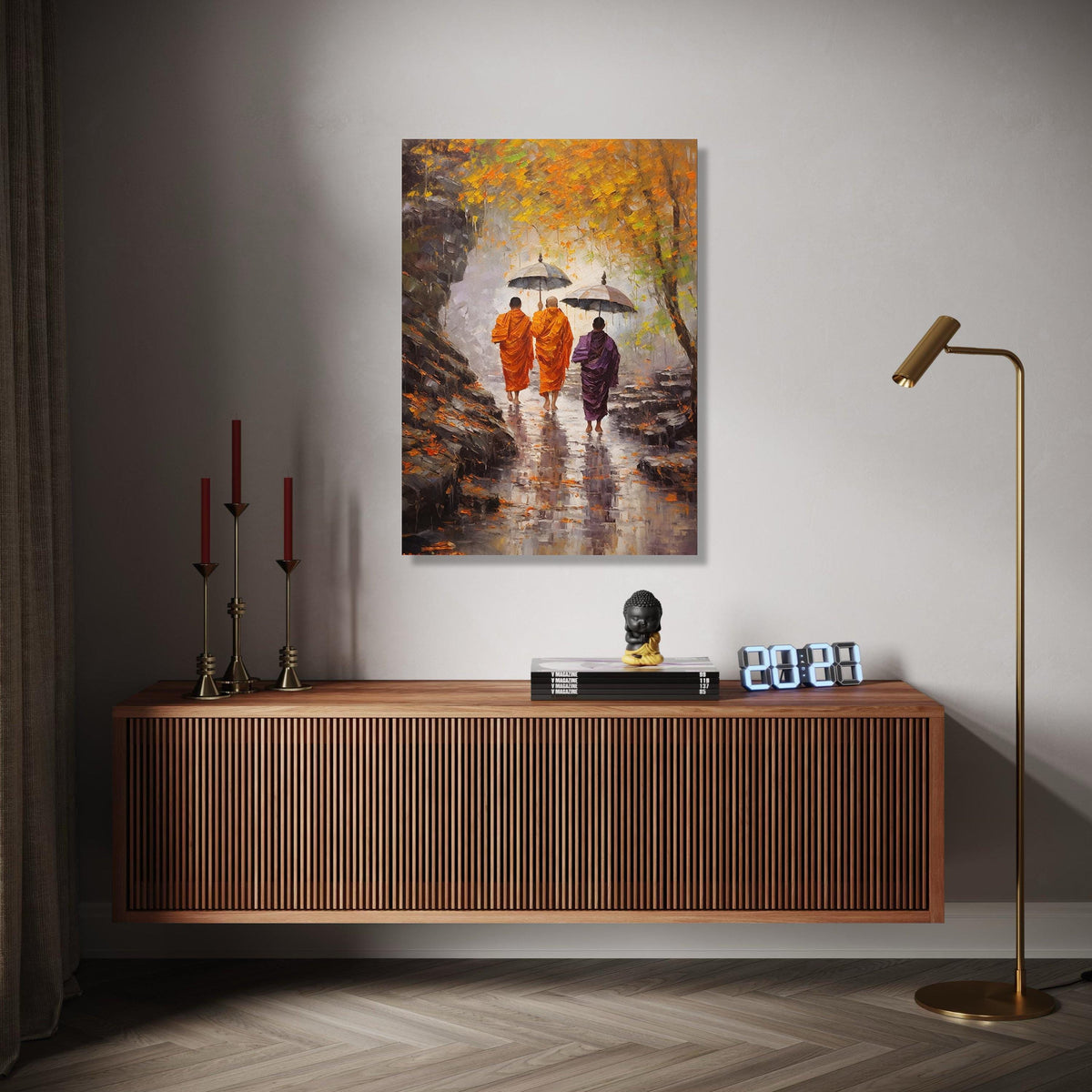 Monks Walking with Umbrellas Autumn Scene, Spiritual Canvas Wall Art, Meditation Pathway Painting, Tranquil Gift Art, Home Decor, Print