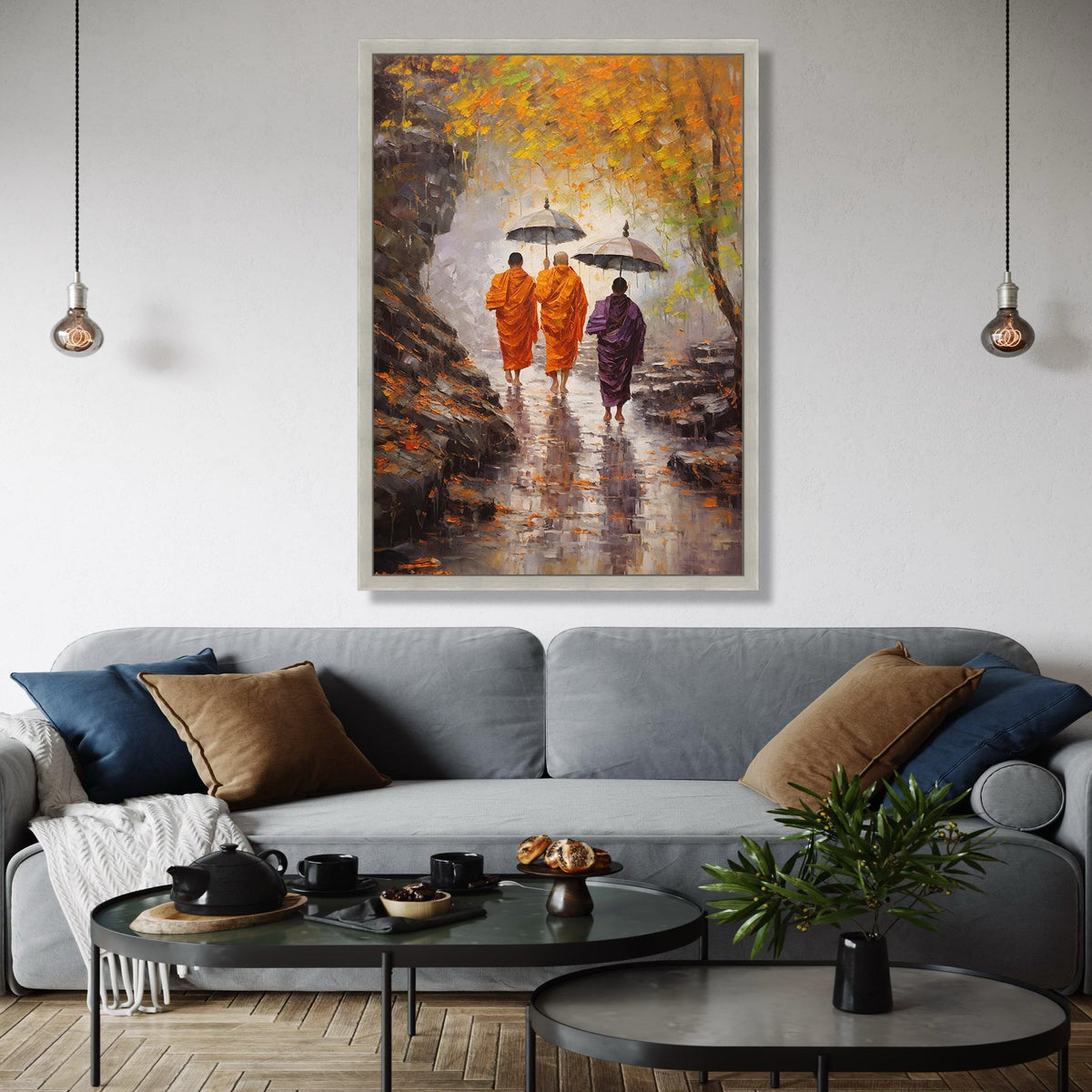 Monks Walking with Umbrellas Autumn Scene, Spiritual Canvas Wall Art, Meditation Pathway Painting, Tranquil Gift Art, Home Decor, Print
