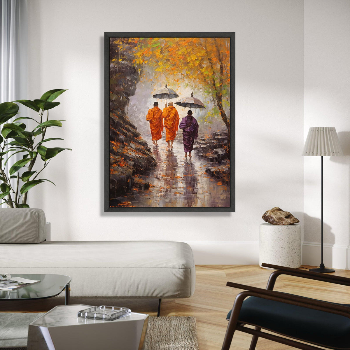 Monks Walking with Umbrellas Autumn Scene, Spiritual Canvas Wall Art, Meditation Pathway Painting, Tranquil Gift Art, Home Decor, Print