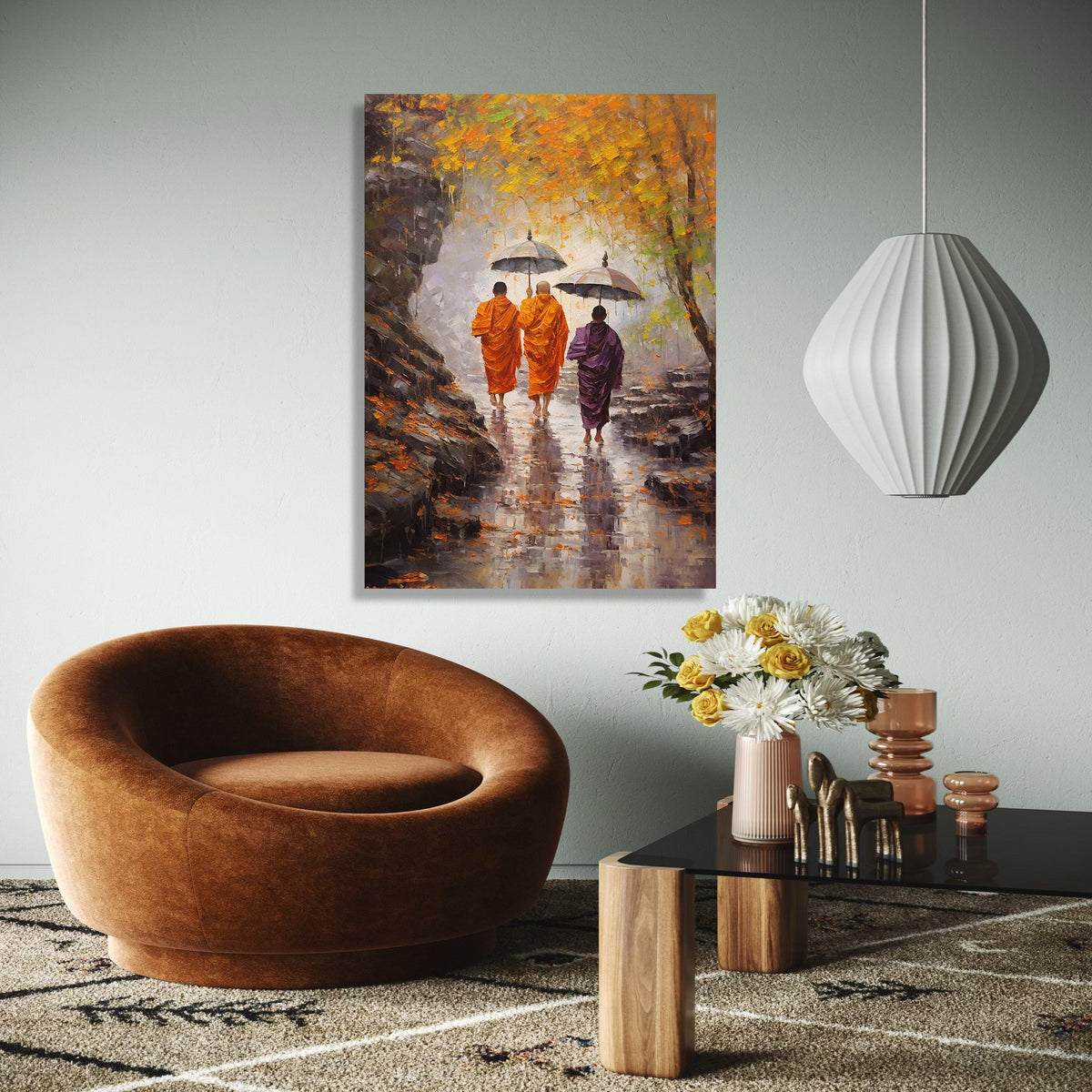 Monks Walking with Umbrellas Autumn Scene, Spiritual Canvas Wall Art, Meditation Pathway Painting, Tranquil Gift Art, Home Decor, Print