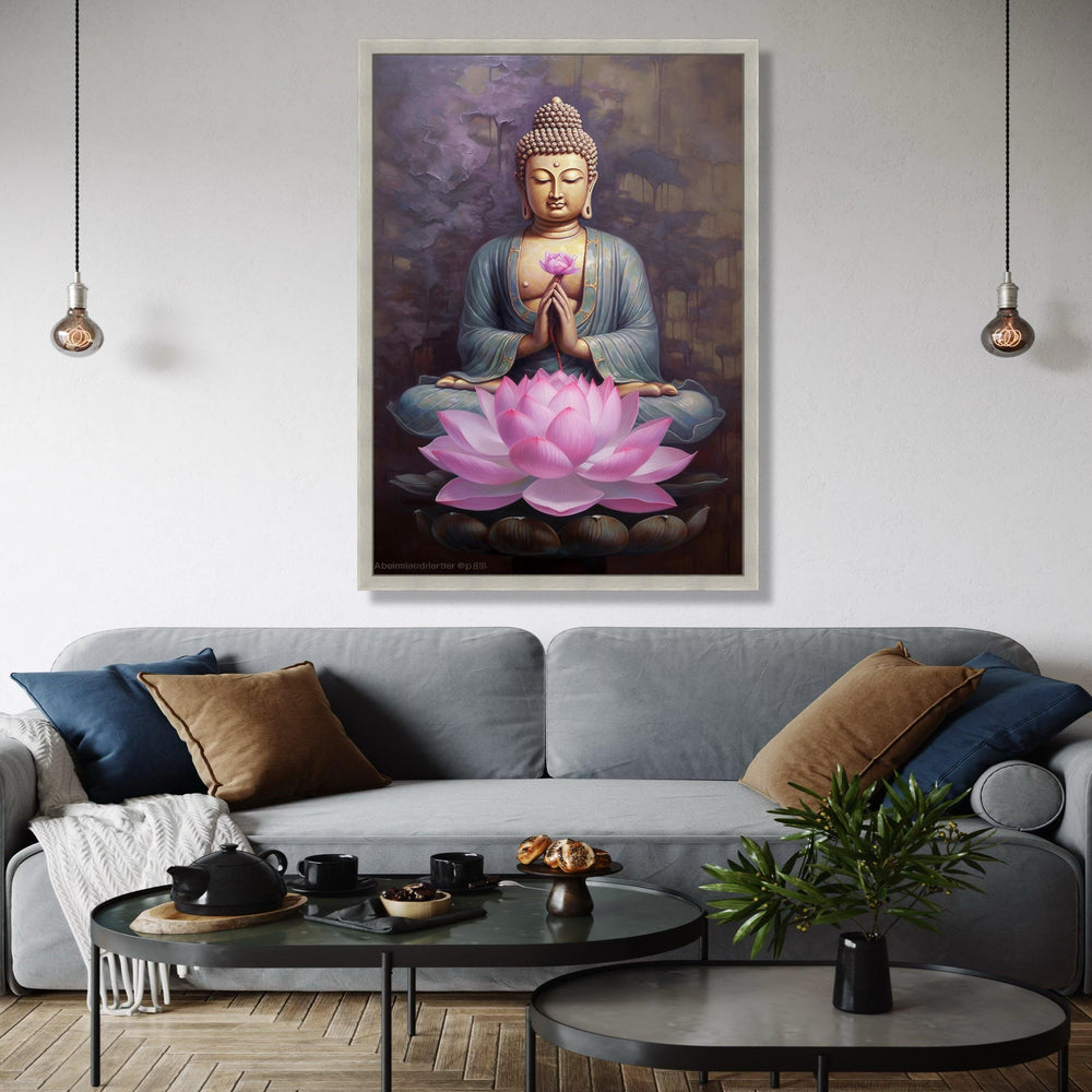 Meditating Buddha with Lotus Flower Canvas, Spiritual Wall Art, Zen Home Decor, Peaceful Meditation Artwork, Gift Art, Home Decor, Print