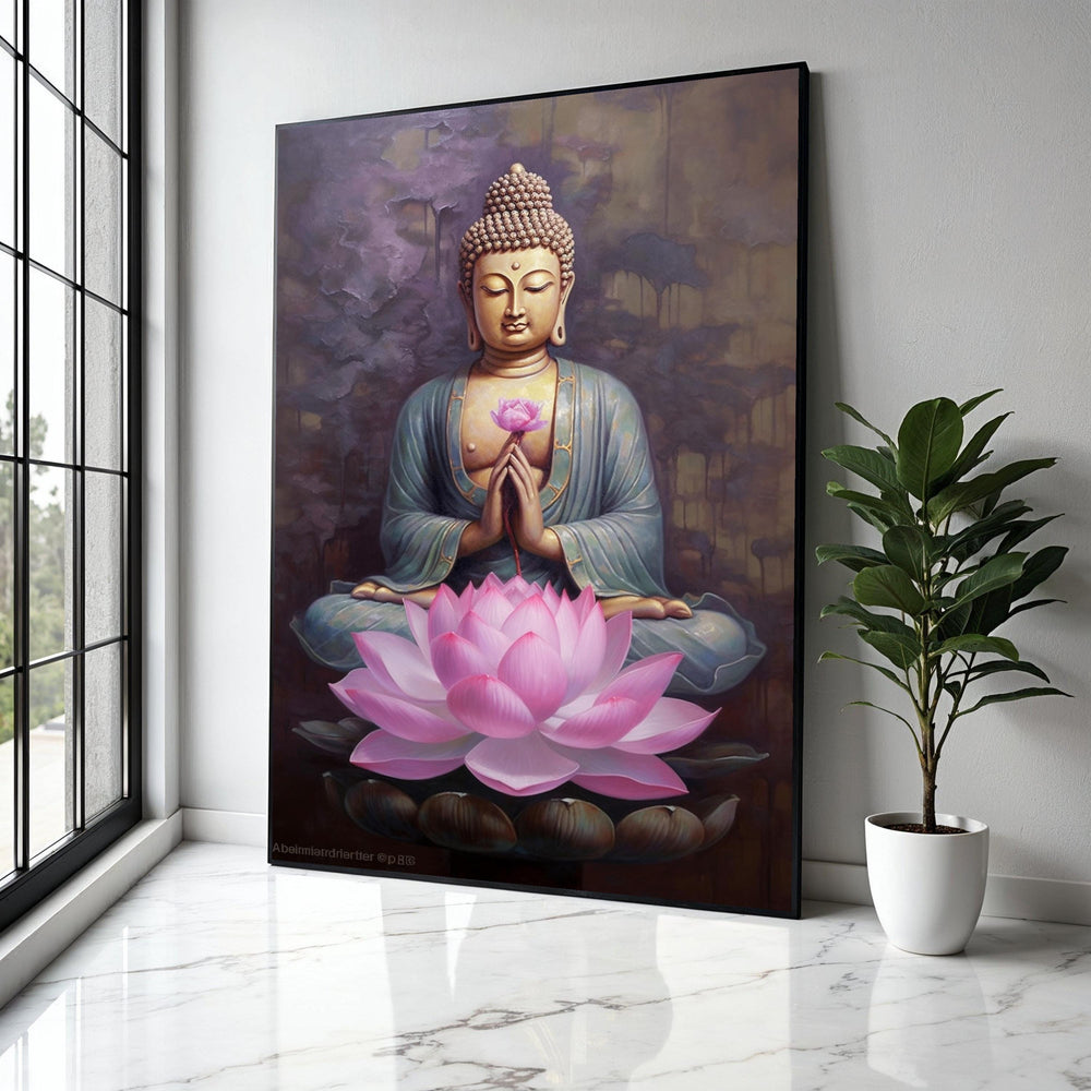 Meditating Buddha with Lotus Flower Canvas, Spiritual Wall Art, Zen Home Decor, Peaceful Meditation Artwork, Gift Art, Home Decor, Print