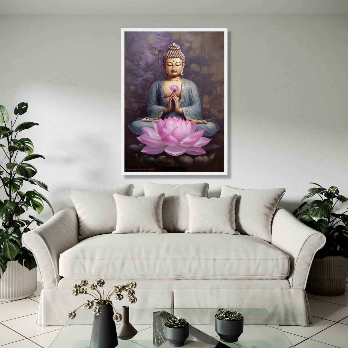 Meditating Buddha with Lotus Flower Canvas, Spiritual Wall Art, Zen Home Decor, Peaceful Meditation Artwork, Gift Art, Home Decor, Print