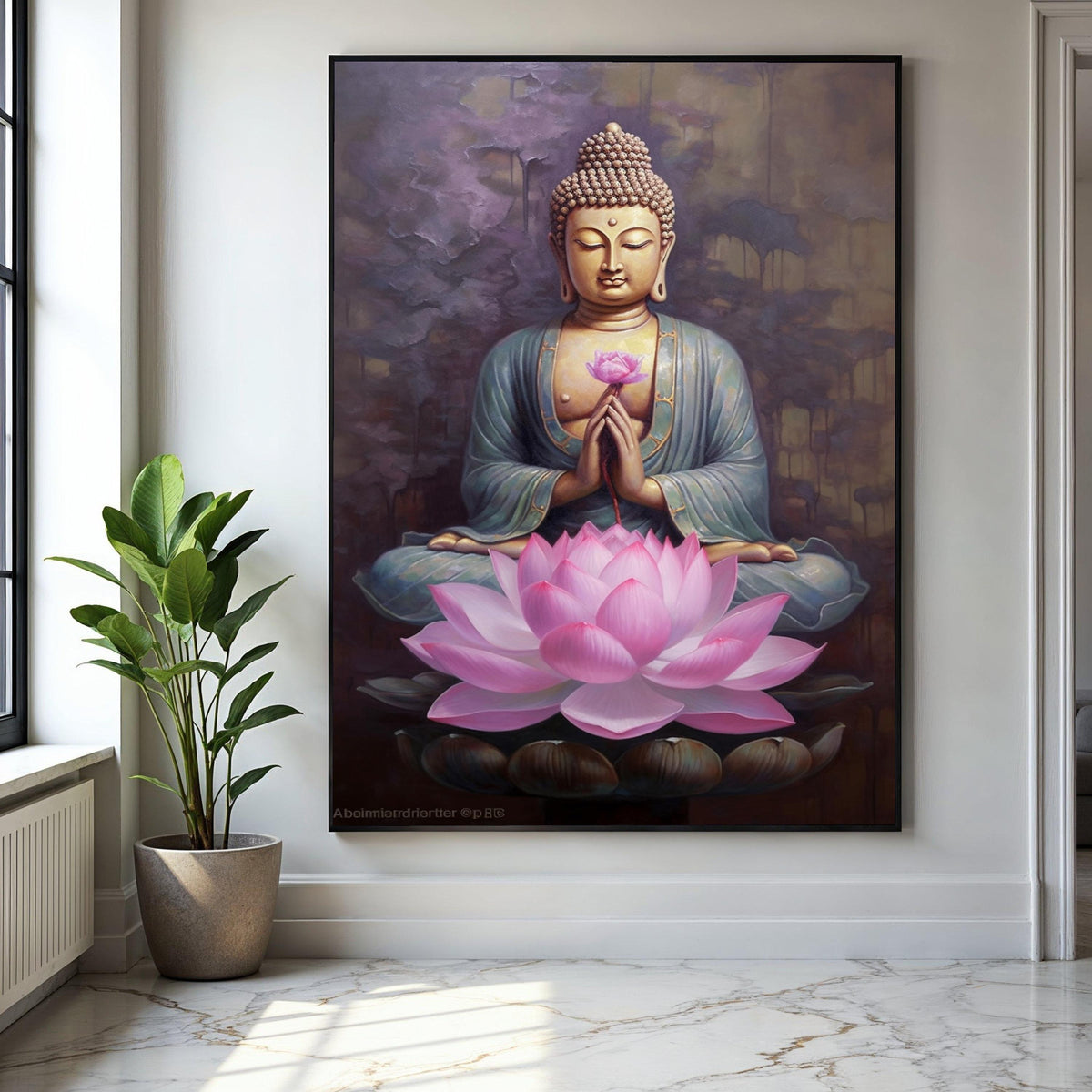 Meditating Buddha with Lotus Flower Canvas, Spiritual Wall Art, Zen Home Decor, Peaceful Meditation Artwork, Gift Art, Home Decor, Print