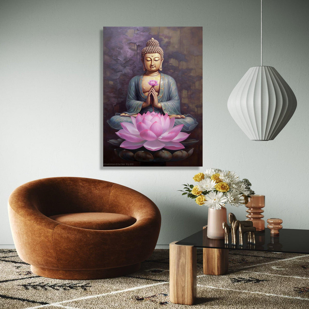 Meditating Buddha with Lotus Flower Canvas, Spiritual Wall Art, Zen Home Decor, Peaceful Meditation Artwork, Gift Art, Home Decor, Print