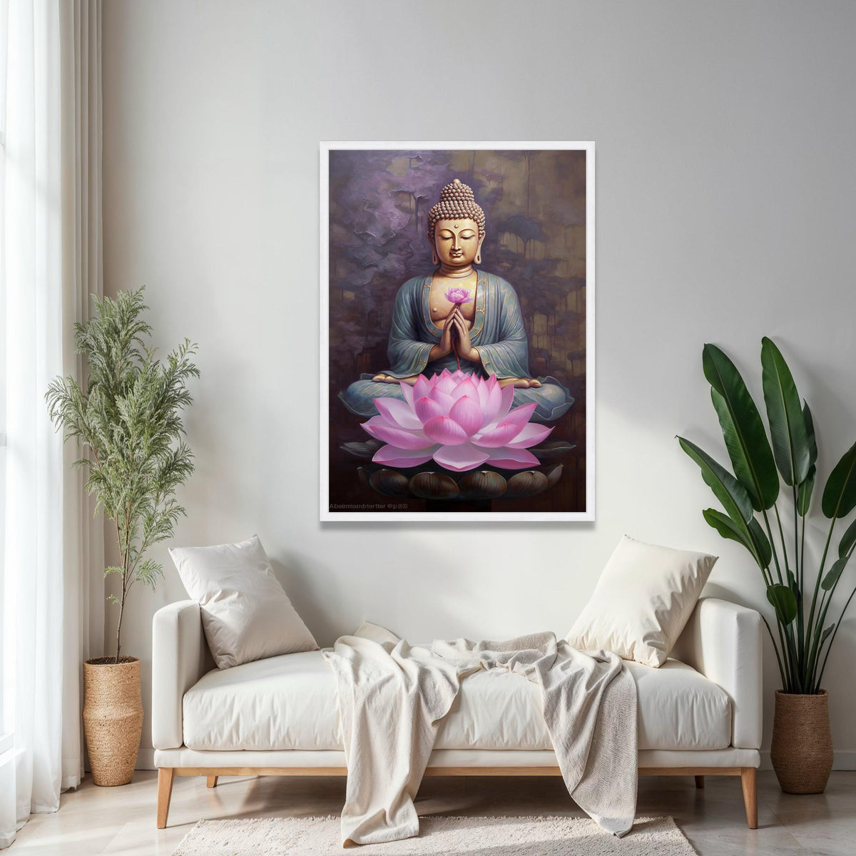 Meditating Buddha with Lotus Flower Canvas, Spiritual Wall Art, Zen Home Decor, Peaceful Meditation Artwork, Gift Art, Home Decor, Print
