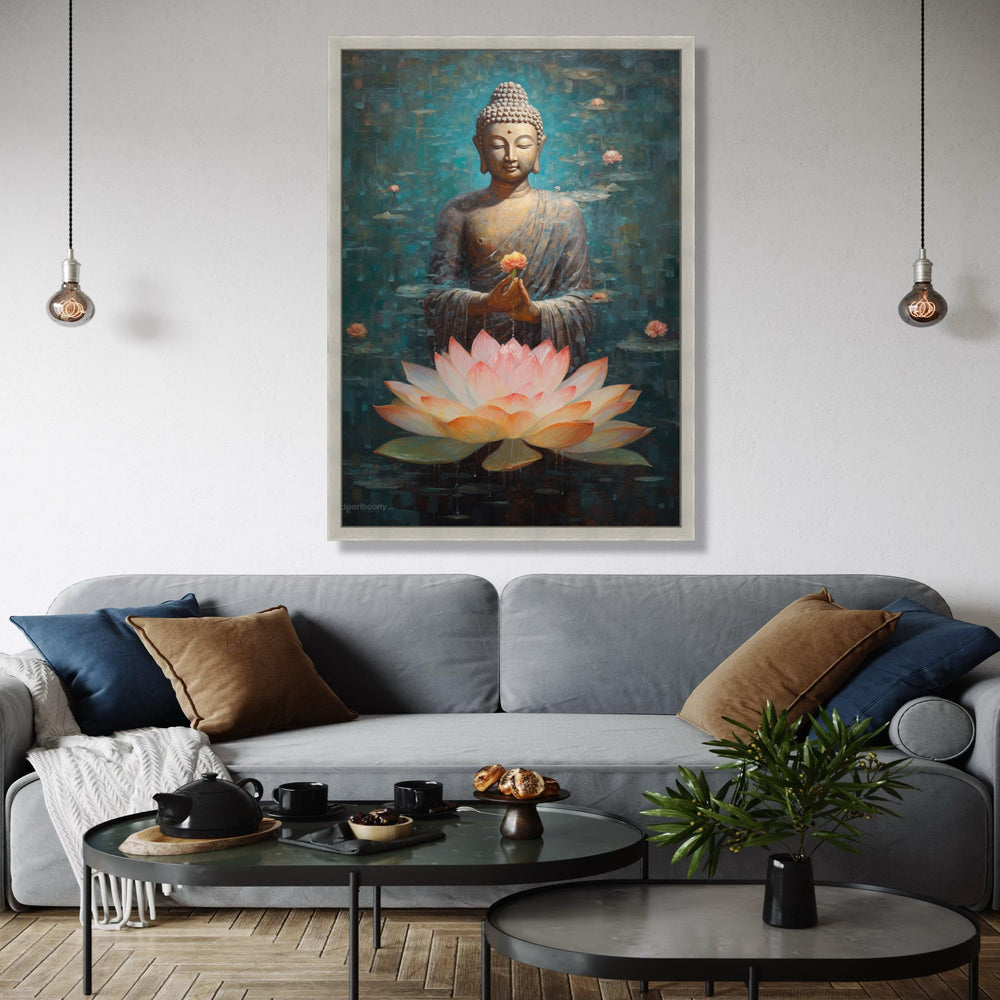 Serene Buddha Meditation Canvas, Lotus Flower Painting, Spiritual Wall Art, Zen Home Decor, Mindfulness Canvas Gift Art, Home Decor, Print