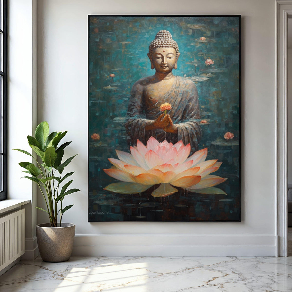 Serene Buddha Meditation Canvas, Lotus Flower Painting, Spiritual Wall Art, Zen Home Decor, Mindfulness Canvas Gift Art, Home Decor, Print