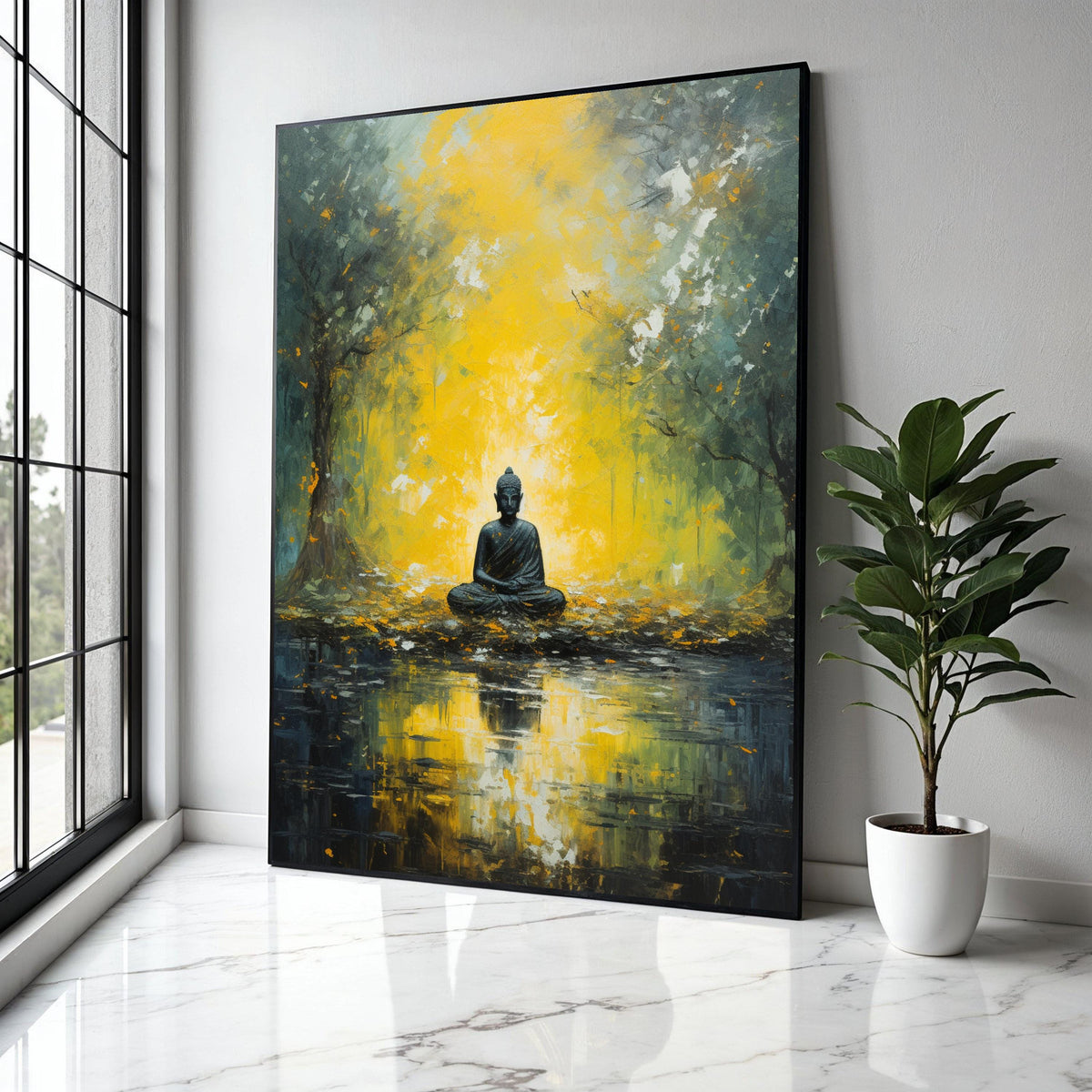 Meditative Buddha in Golden Forest Canvas, Spiritual Wall Art, Tranquil Nature Reflection, Zen Decor, Peaceful Gift Art, Home Decor, Print