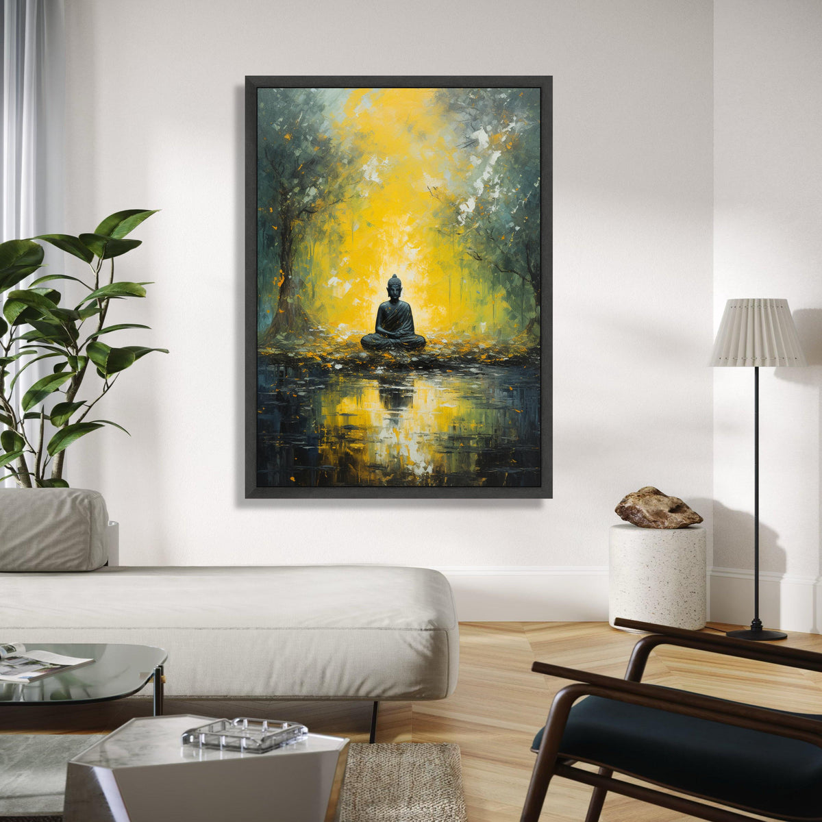 Meditative Buddha in Golden Forest Canvas, Spiritual Wall Art, Tranquil Nature Reflection, Zen Decor, Peaceful Gift Art, Home Decor, Print