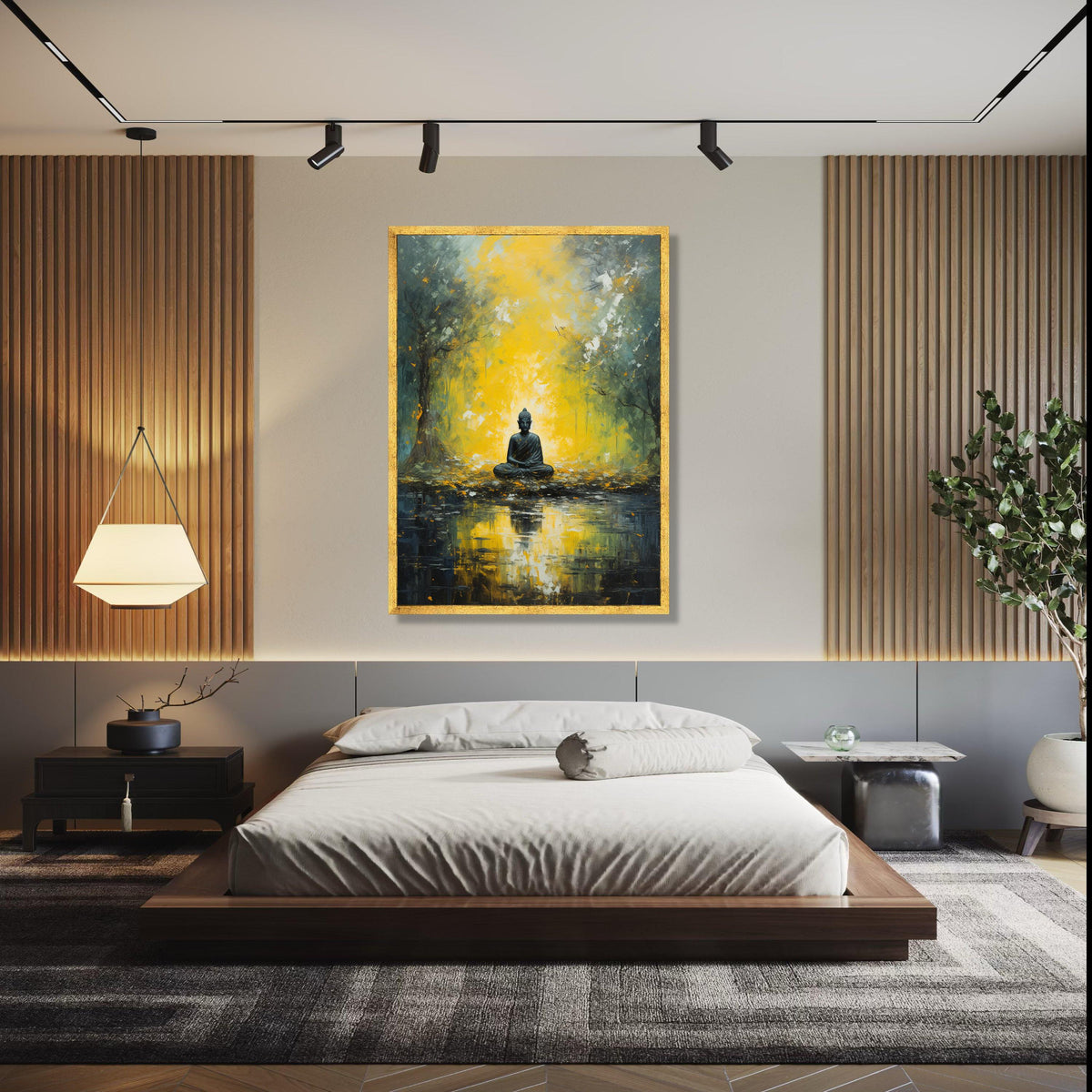 Meditative Buddha in Golden Forest Canvas, Spiritual Wall Art, Tranquil Nature Reflection, Zen Decor, Peaceful Gift Art, Home Decor, Print