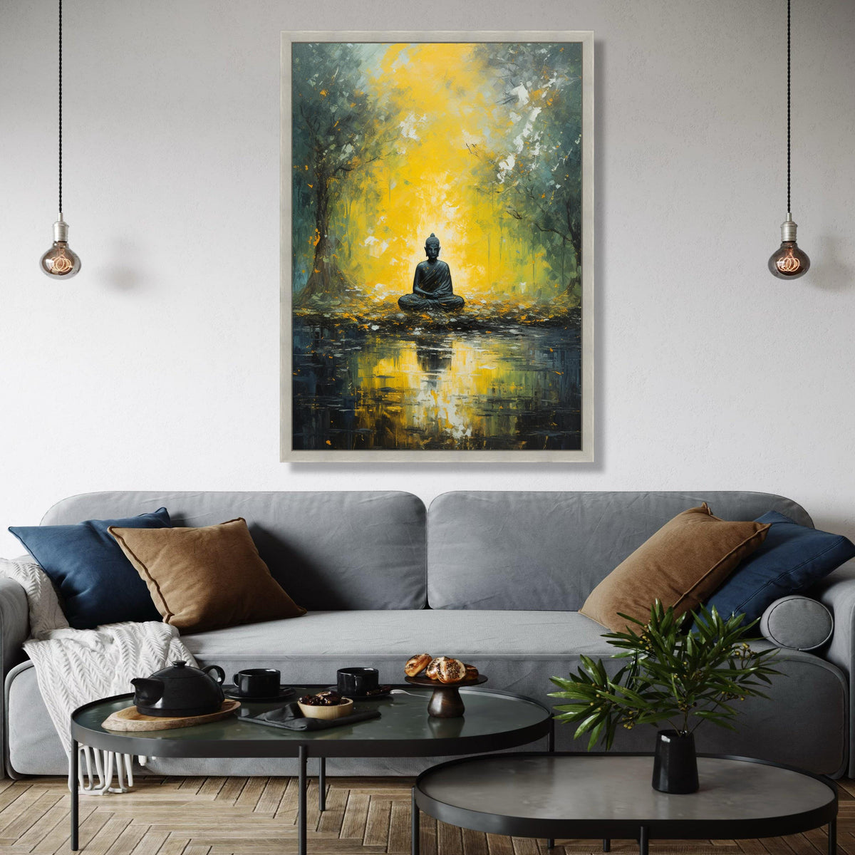 Meditative Buddha in Golden Forest Canvas, Spiritual Wall Art, Tranquil Nature Reflection, Zen Decor, Peaceful Gift Art, Home Decor, Print