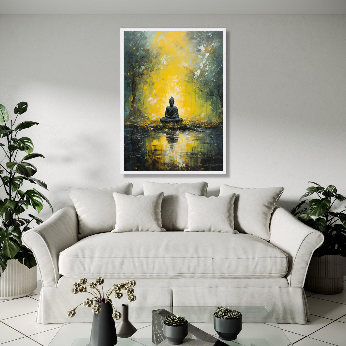 Meditative Buddha in Golden Forest Canvas, Spiritual Wall Art, Tranquil Nature Reflection, Zen Decor, Peaceful Gift Art, Home Decor, Print