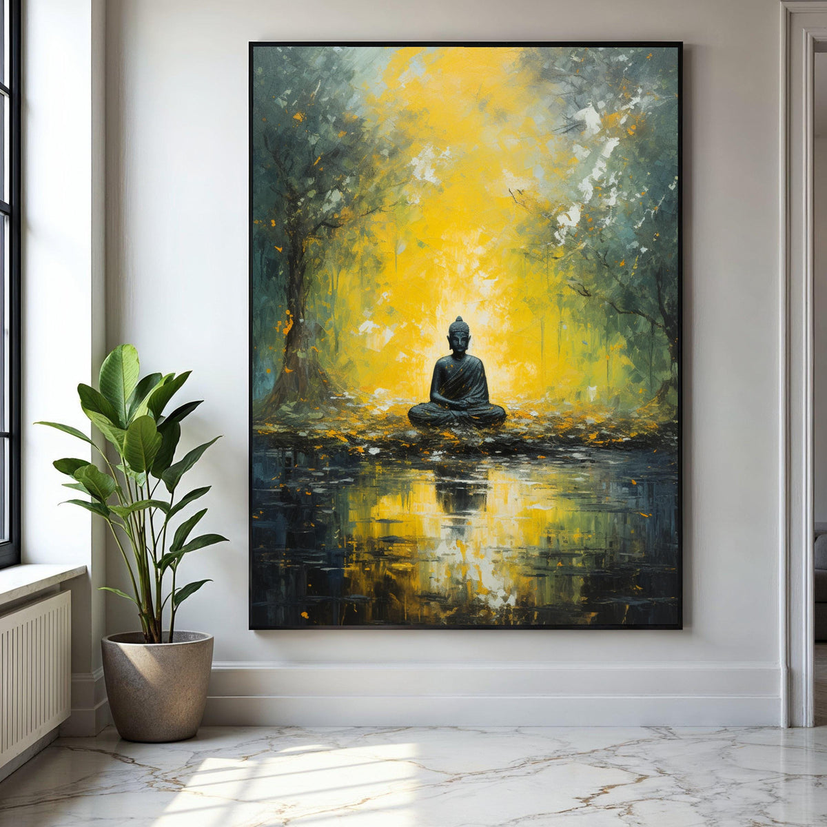 Meditative Buddha in Golden Forest Canvas, Spiritual Wall Art, Tranquil Nature Reflection, Zen Decor, Peaceful Gift Art, Home Decor, Print