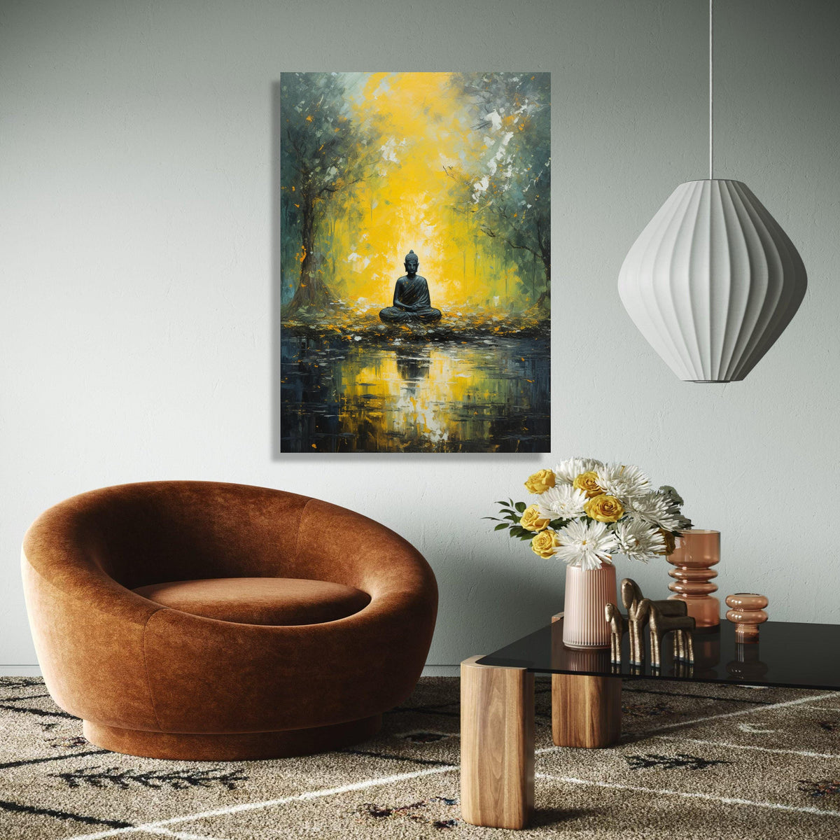Meditative Buddha in Golden Forest Canvas, Spiritual Wall Art, Tranquil Nature Reflection, Zen Decor, Peaceful Gift Art, Home Decor, Print