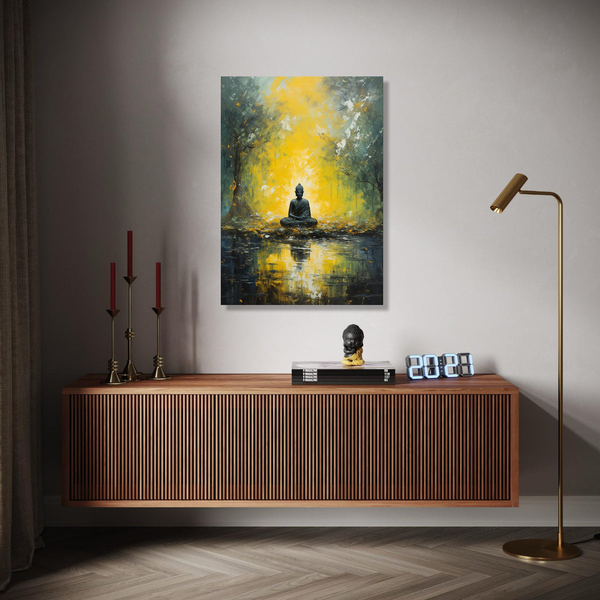 Meditative Buddha in Golden Forest Canvas, Spiritual Wall Art, Tranquil Nature Reflection, Zen Decor, Peaceful Gift Art, Home Decor, Print
