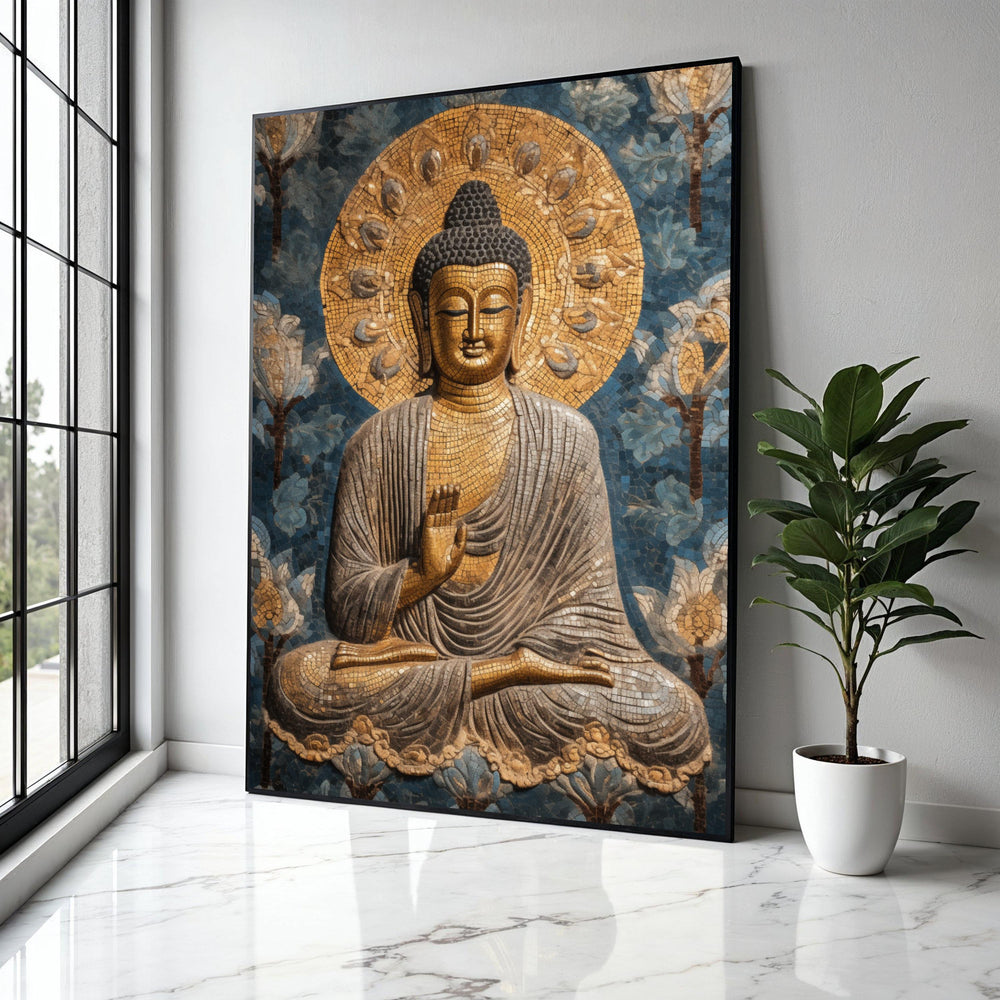 Golden Buddha Mosaic Canvas, Spiritual Wall Art, Meditation Decor, Zen Home Decoration, Peaceful Buddha Painting Gift Art, Home Decor, Print