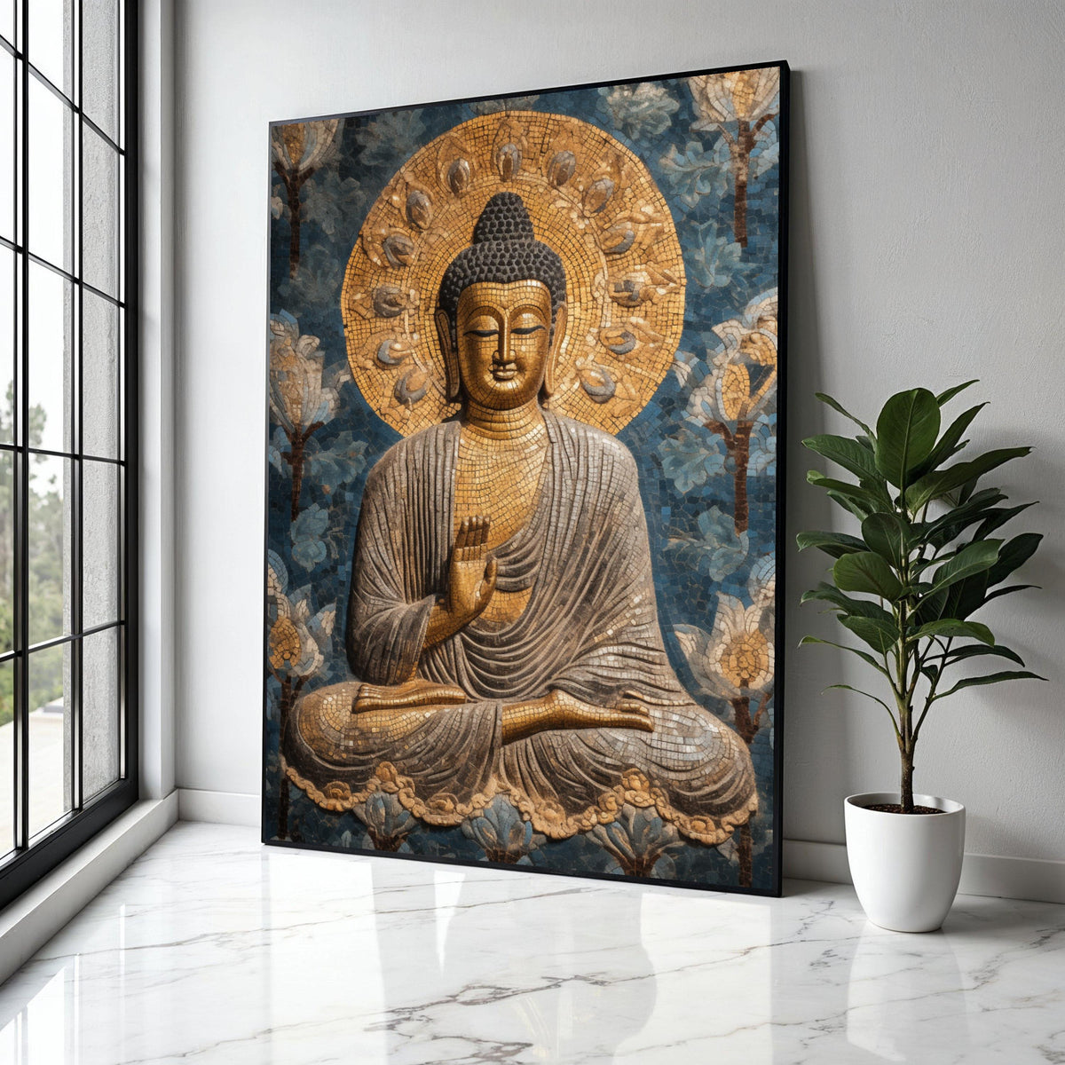 Golden Buddha Mosaic Canvas, Spiritual Wall Art, Meditation Decor, Zen Home Decoration, Peaceful Buddha Painting Gift Art, Home Decor, Print