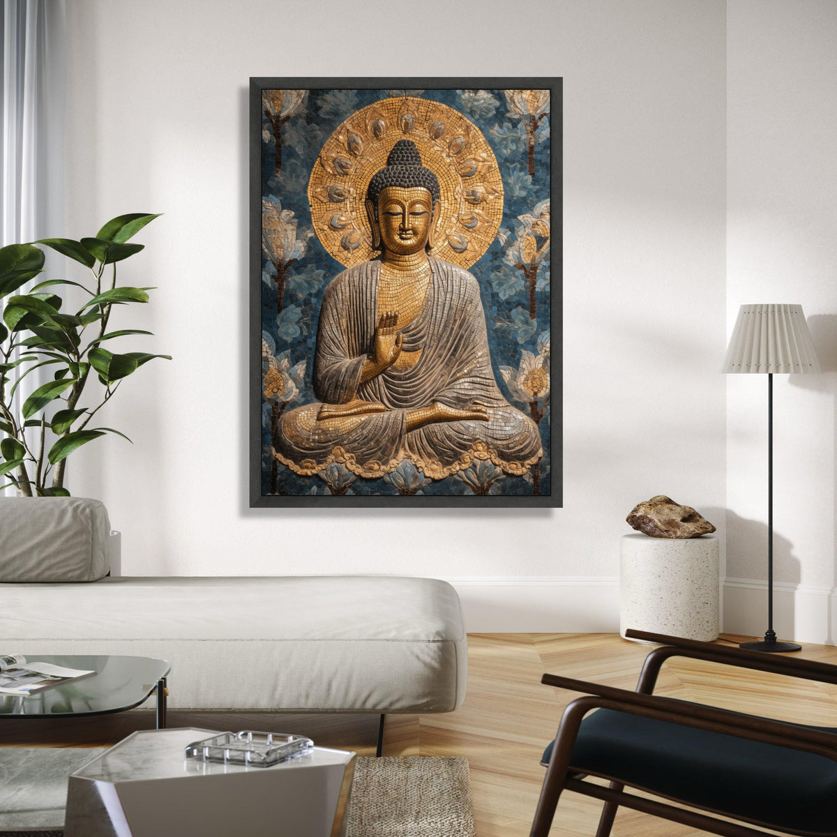 Golden Buddha Mosaic Canvas, Spiritual Wall Art, Meditation Decor, Zen Home Decoration, Peaceful Buddha Painting Gift Art, Home Decor, Print
