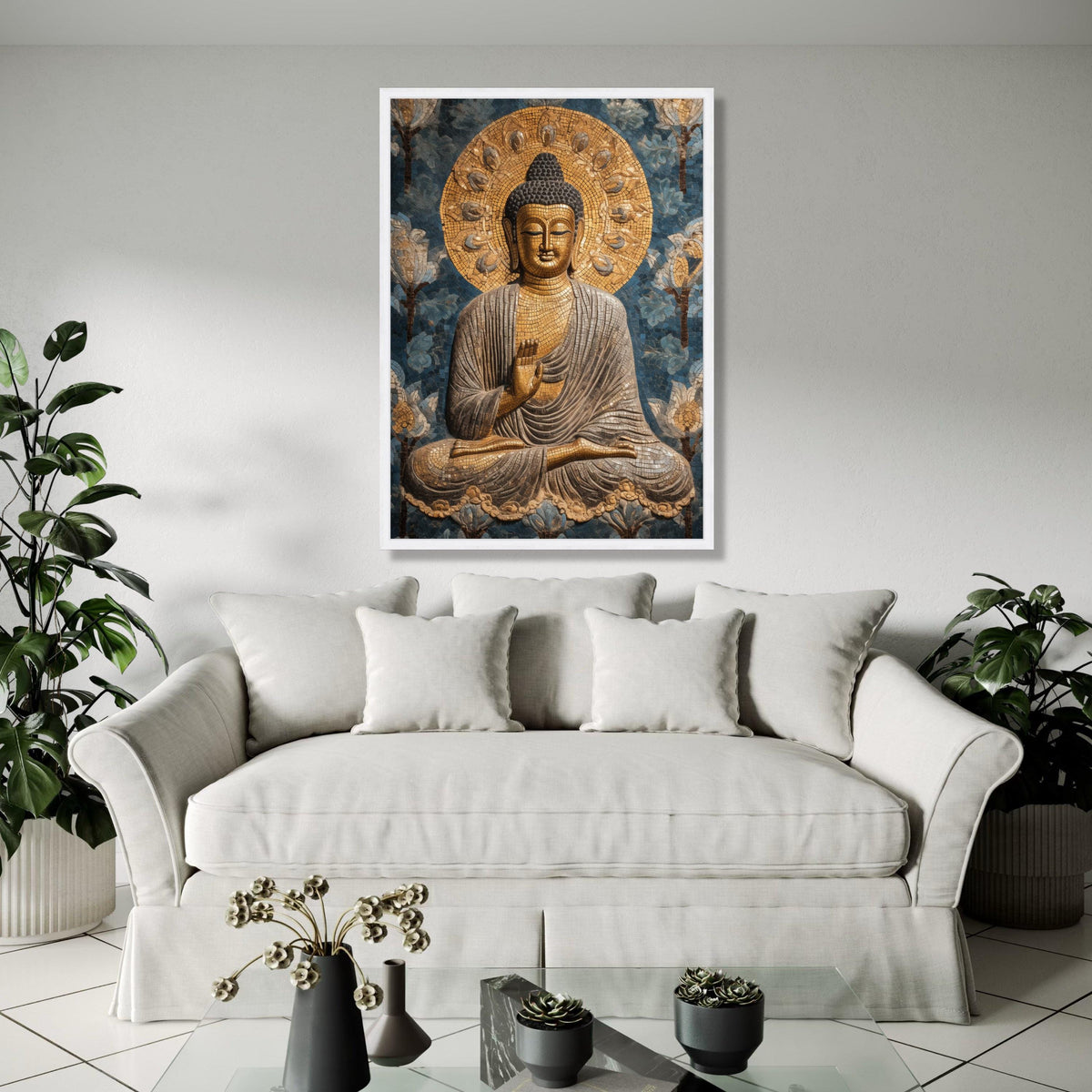 Golden Buddha Mosaic Canvas, Spiritual Wall Art, Meditation Decor, Zen Home Decoration, Peaceful Buddha Painting Gift Art, Home Decor, Print
