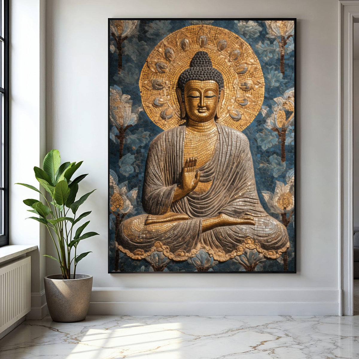 Golden Buddha Mosaic Canvas, Spiritual Wall Art, Meditation Decor, Zen Home Decoration, Peaceful Buddha Painting Gift Art, Home Decor, Print