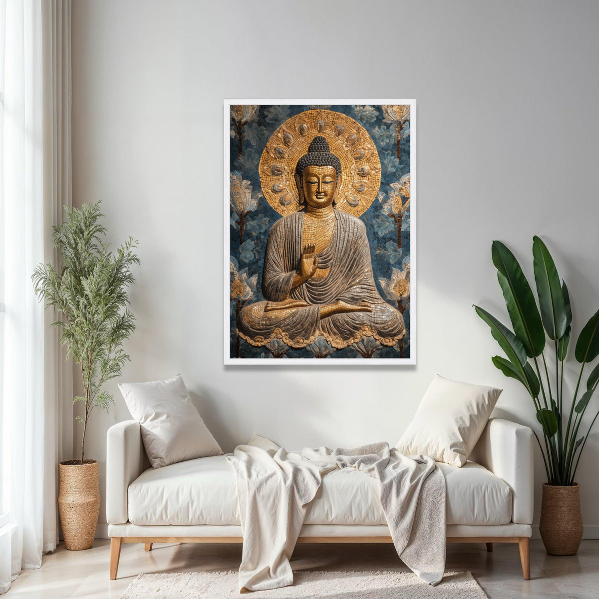 Golden Buddha Mosaic Canvas, Spiritual Wall Art, Meditation Decor, Zen Home Decoration, Peaceful Buddha Painting Gift Art, Home Decor, Print