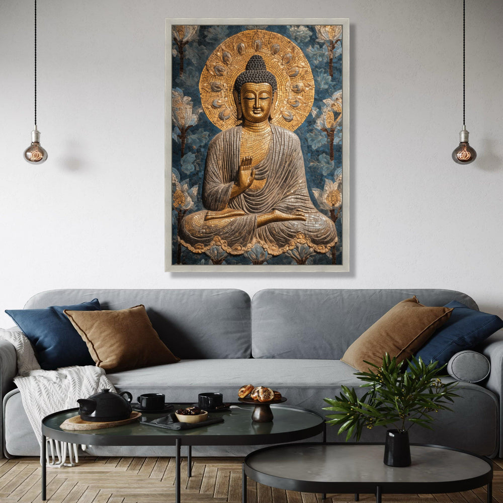 Golden Buddha Mosaic Canvas, Spiritual Wall Art, Meditation Decor, Zen Home Decoration, Peaceful Buddha Painting Gift Art, Home Decor, Print