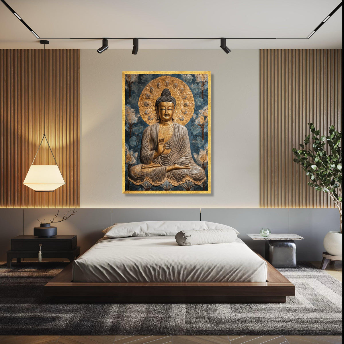 Golden Buddha Mosaic Canvas, Spiritual Wall Art, Meditation Decor, Zen Home Decoration, Peaceful Buddha Painting Gift Art, Home Decor, Print