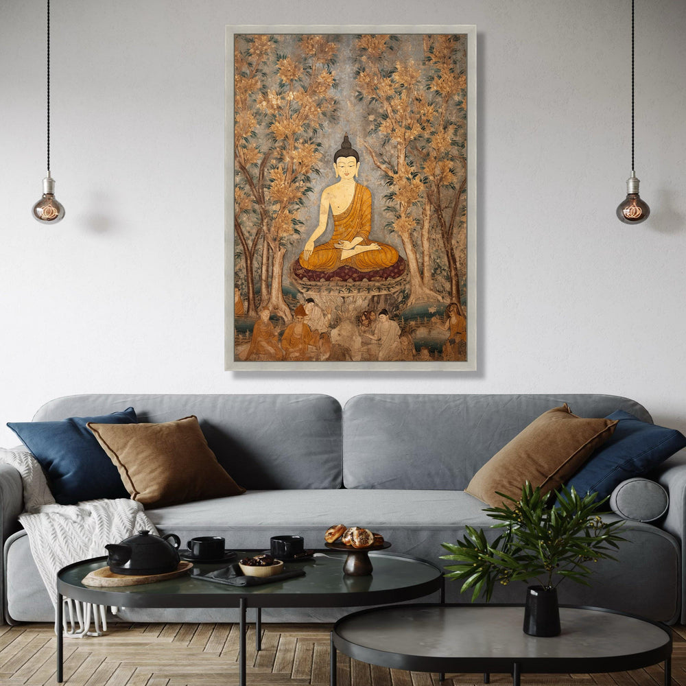 Serene Buddha Meditation Canvas, Vintage Asian Wall Art, Spiritual Home Decor, Tranquil Buddha Painting, Nature Gift Art, Home Decor, Print