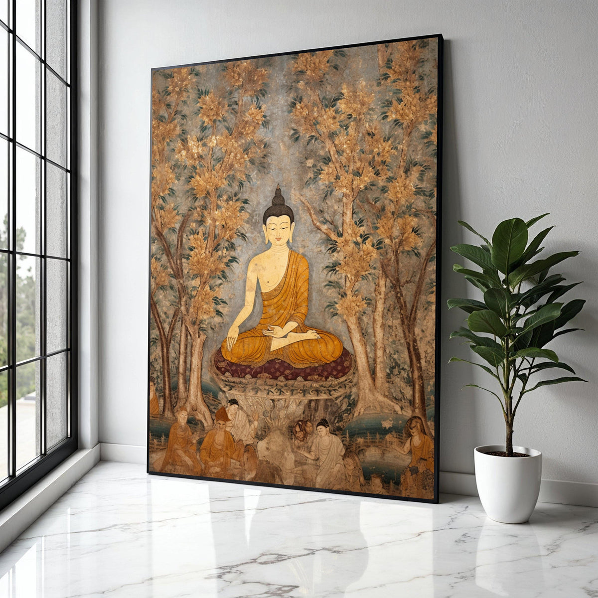 Serene Buddha Meditation Canvas, Vintage Asian Wall Art, Spiritual Home Decor, Tranquil Buddha Painting, Nature Gift Art, Home Decor, Print