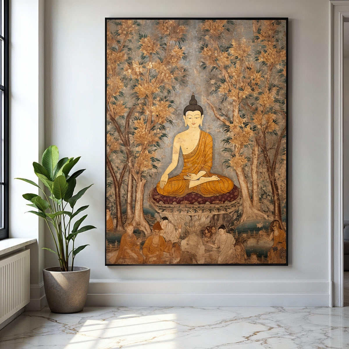 Serene Buddha Meditation Canvas, Vintage Asian Wall Art, Spiritual Home Decor, Tranquil Buddha Painting, Nature Gift Art, Home Decor, Print