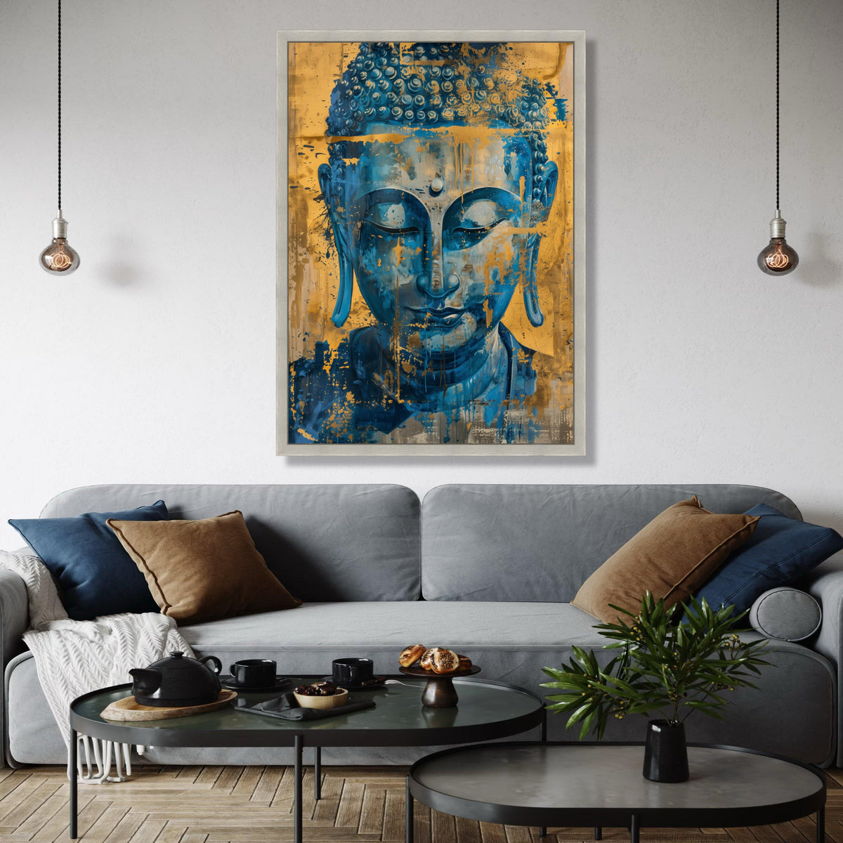 Abstract Blue Buddha Canvas, Spiritual Wall Art, Gold Accent Meditation Decor, Tranquil Zen Canvas, Contemporary Gift Art, Home Decor, Print