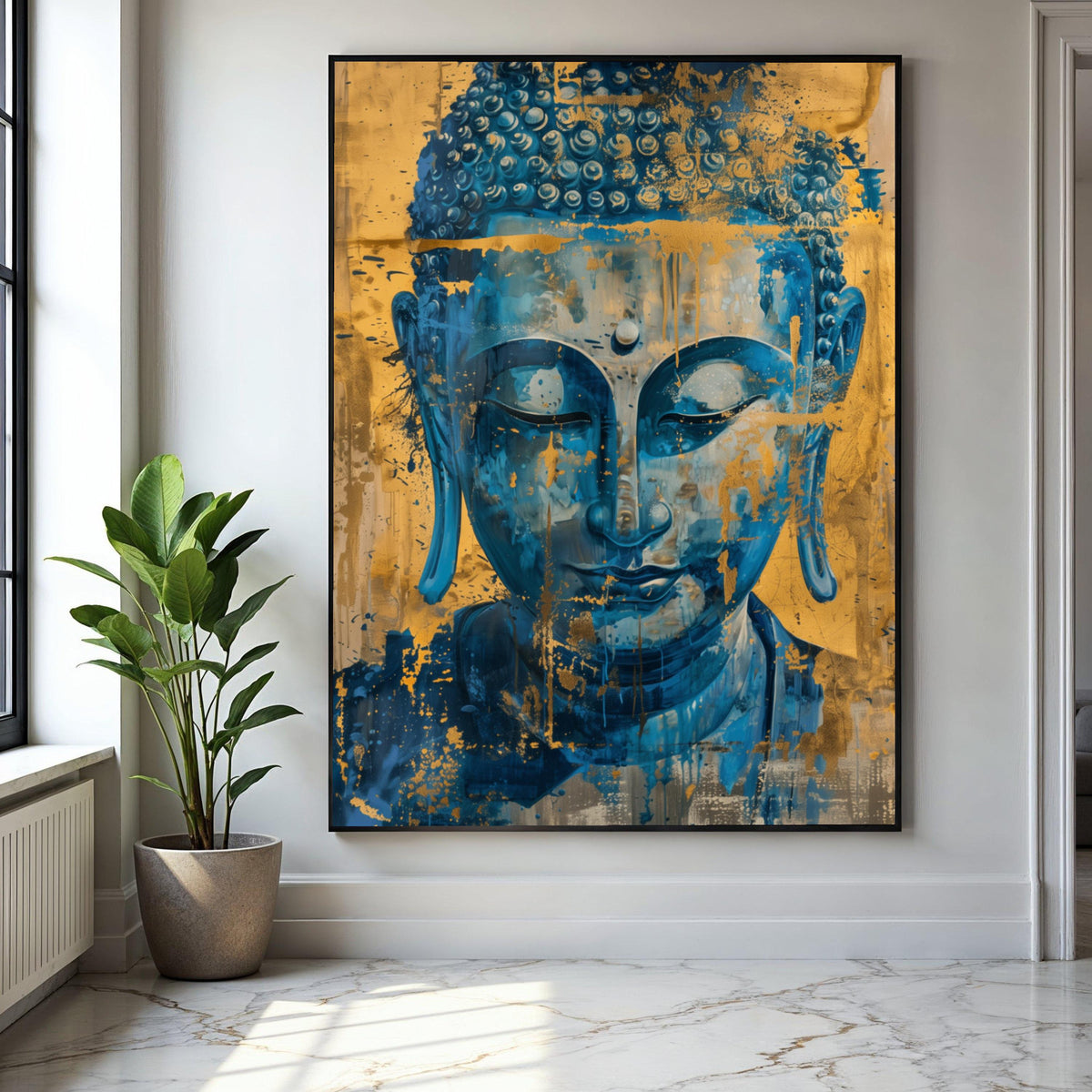 Abstract Blue Buddha Canvas, Spiritual Wall Art, Gold Accent Meditation Decor, Tranquil Zen Canvas, Contemporary Gift Art, Home Decor, Print