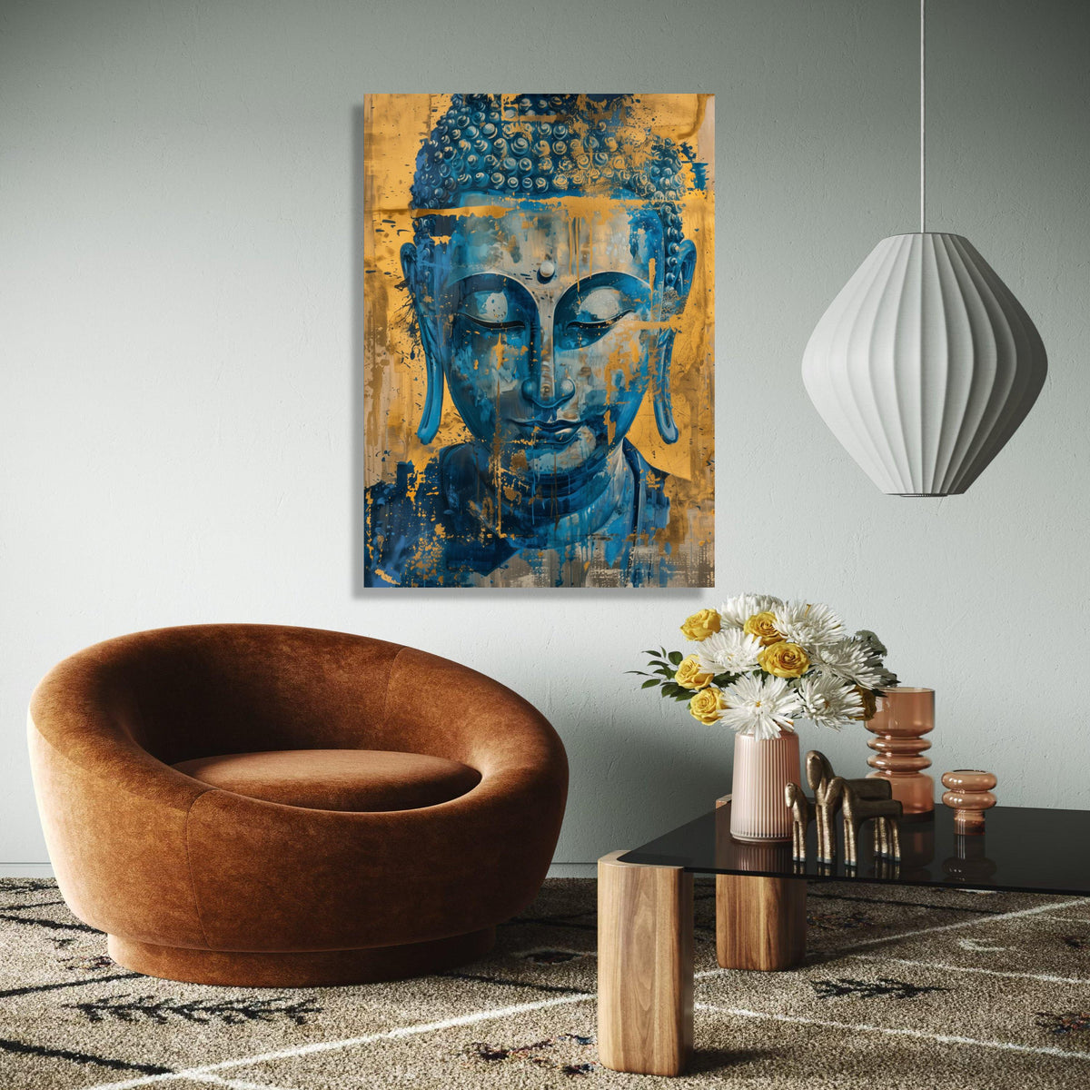 Abstract Blue Buddha Canvas, Spiritual Wall Art, Gold Accent Meditation Decor, Tranquil Zen Canvas, Contemporary Gift Art, Home Decor, Print