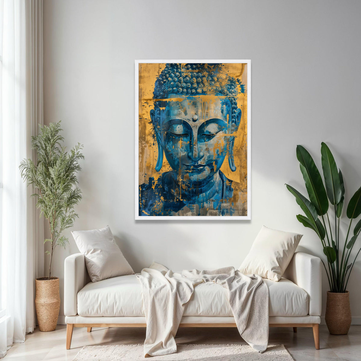 Abstract Blue Buddha Canvas, Spiritual Wall Art, Gold Accent Meditation Decor, Tranquil Zen Canvas, Contemporary Gift Art, Home Decor, Print