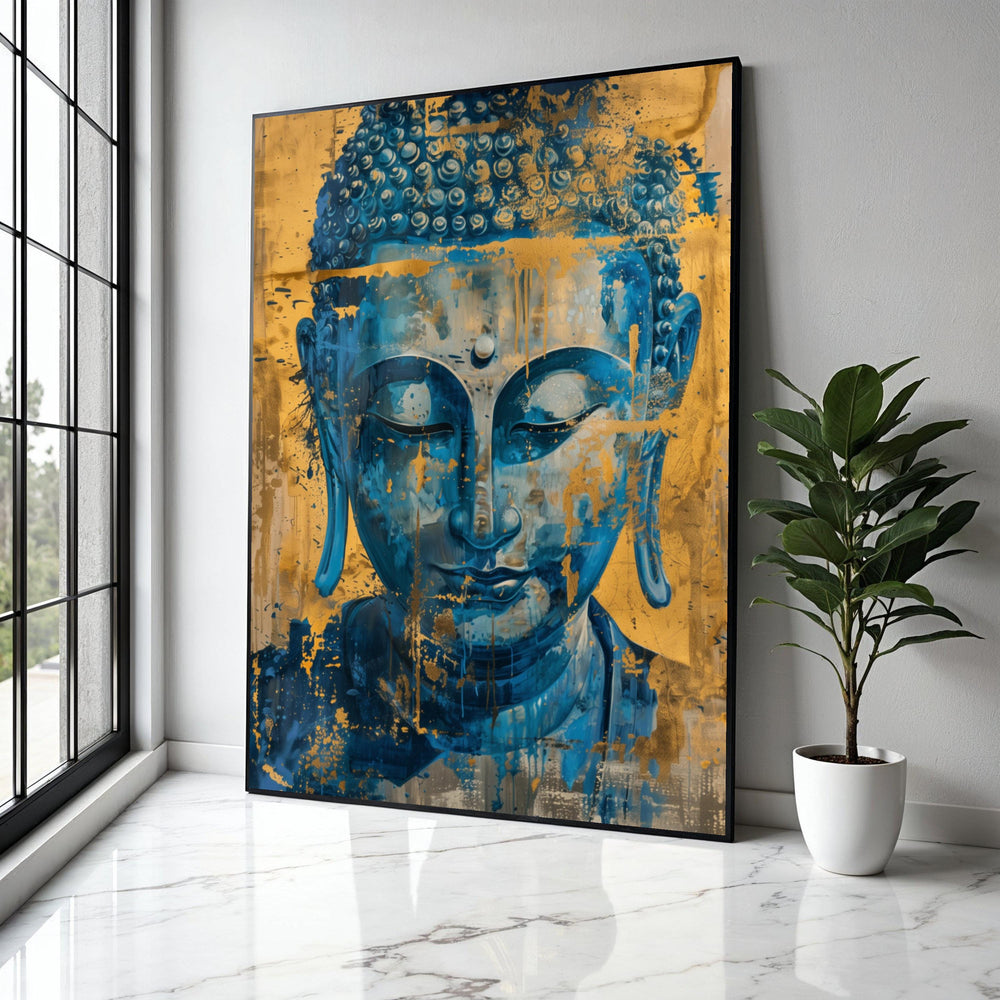 Abstract Blue Buddha Canvas, Spiritual Wall Art, Gold Accent Meditation Decor, Tranquil Zen Canvas, Contemporary Gift Art, Home Decor, Print