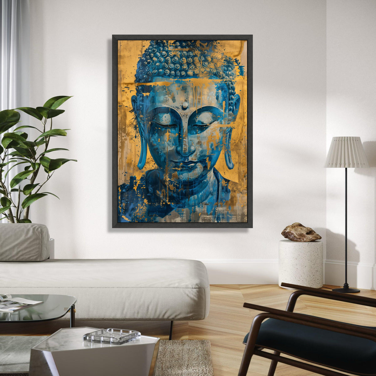 Abstract Blue Buddha Canvas, Spiritual Wall Art, Gold Accent Meditation Decor, Tranquil Zen Canvas, Contemporary Gift Art, Home Decor, Print
