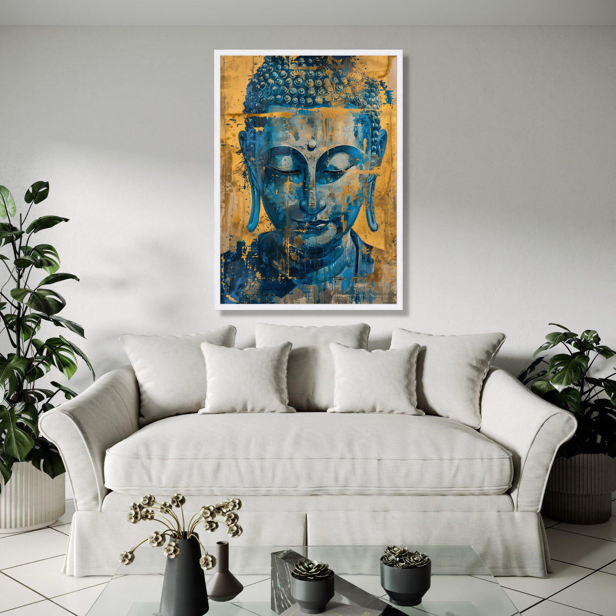 Abstract Blue Buddha Canvas, Spiritual Wall Art, Gold Accent Meditation Decor, Tranquil Zen Canvas, Contemporary Gift Art, Home Decor, Print