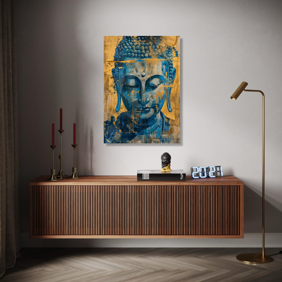 Abstract Blue Buddha Canvas, Spiritual Wall Art, Gold Accent Meditation Decor, Tranquil Zen Canvas, Contemporary Gift Art, Home Decor, Print