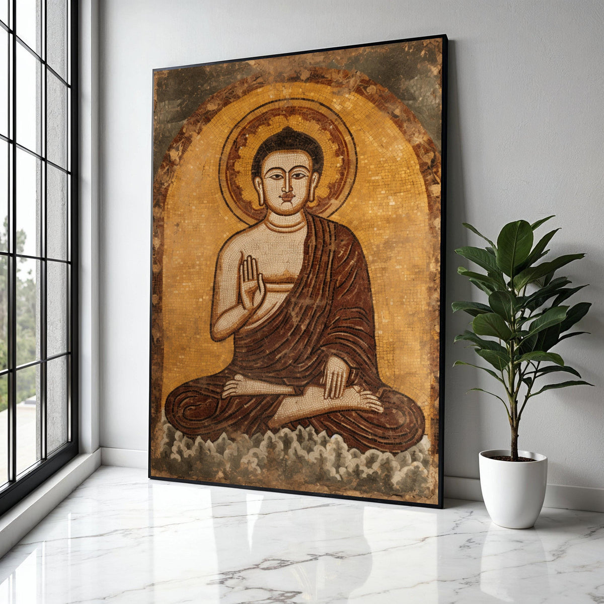 Vintage Buddha Mosaic Canvas Wall Art, Spiritual Meditation Home Decor, Calm Zen Buddhist Artwork, Sacred Gift Art, Home Decor, Print